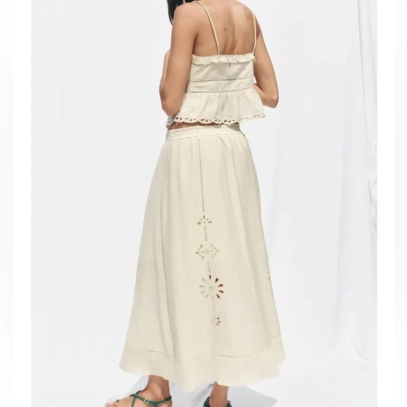 ZARA EMBROIDERED EYELET MIDI SKIRT - Picture 7 of 12